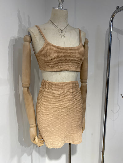 Textured Knit Crop Top and Skirt Co-ord Set - Nude