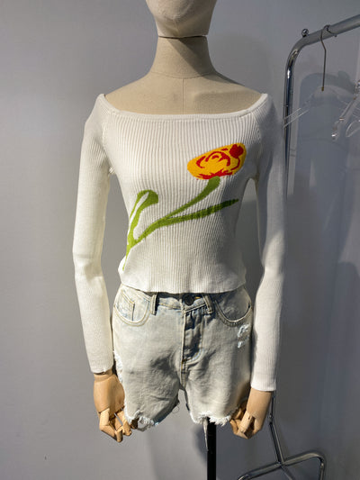 Floral Ribbed Off Shoulder Top - White