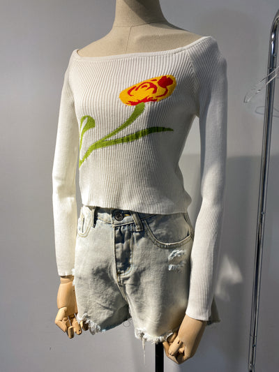Floral Ribbed Off Shoulder Top - White