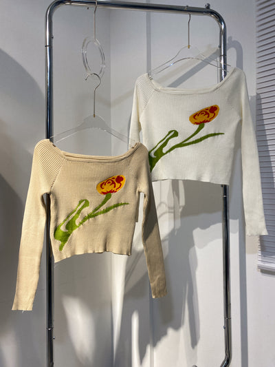 Floral Ribbed Off Shoulder Top - White