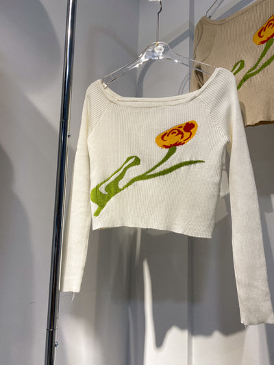 Floral Ribbed Off Shoulder Top - White