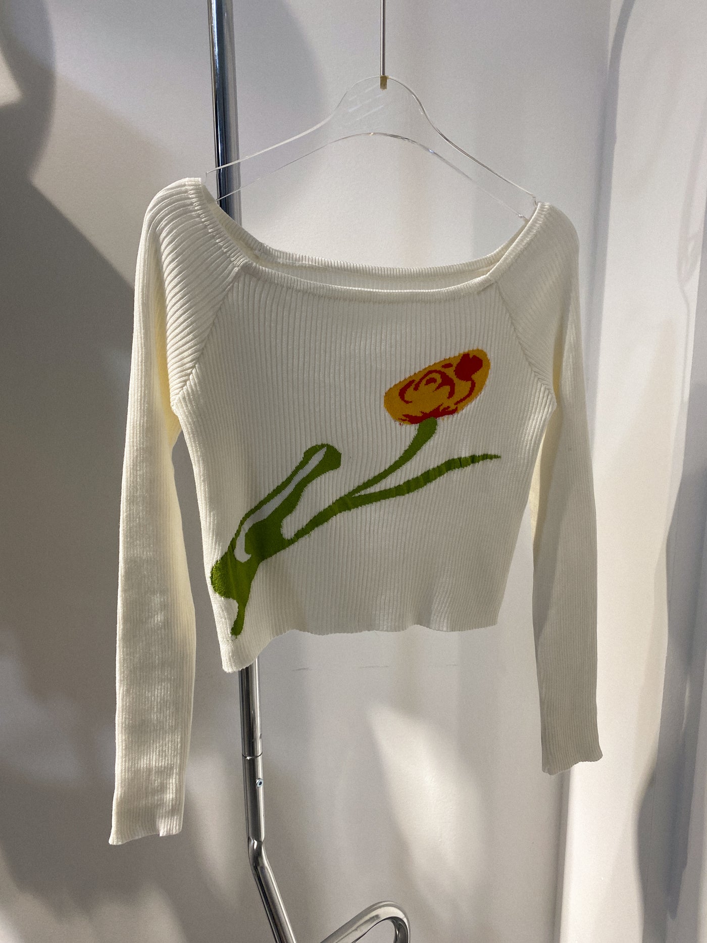 Floral Ribbed Off Shoulder Top - White