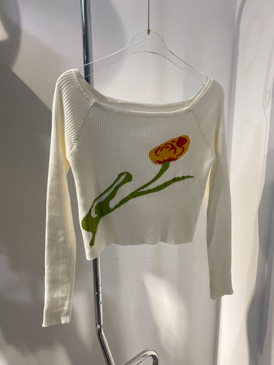 Floral Ribbed Off Shoulder Top - White