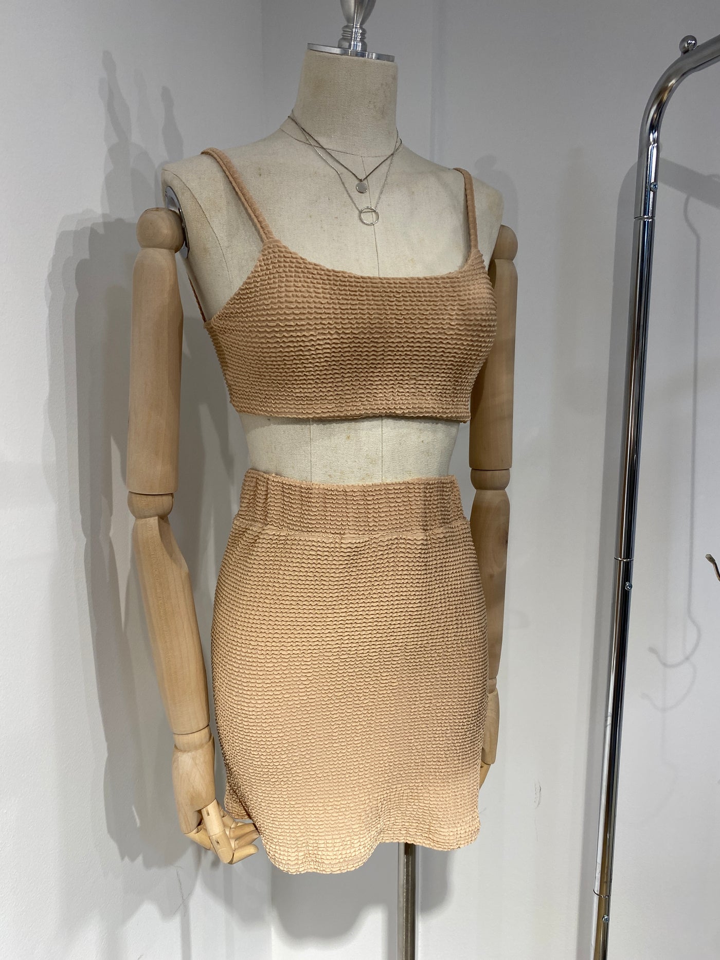 Textured Knit Crop Top and Skirt Co-ord Set - Nude