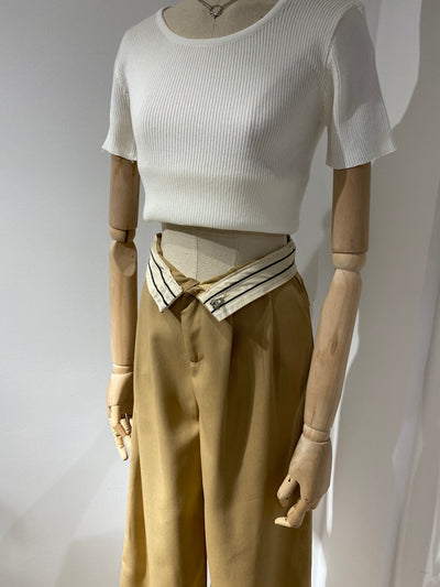 Fold Over Waistband Wide Leg Trousers - Khaki