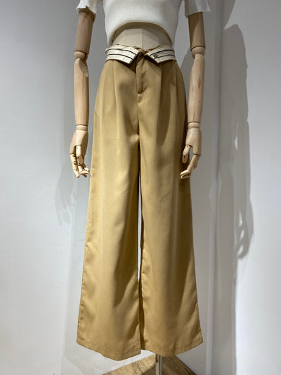 Fold Over Waistband Wide Leg Trousers - Khaki