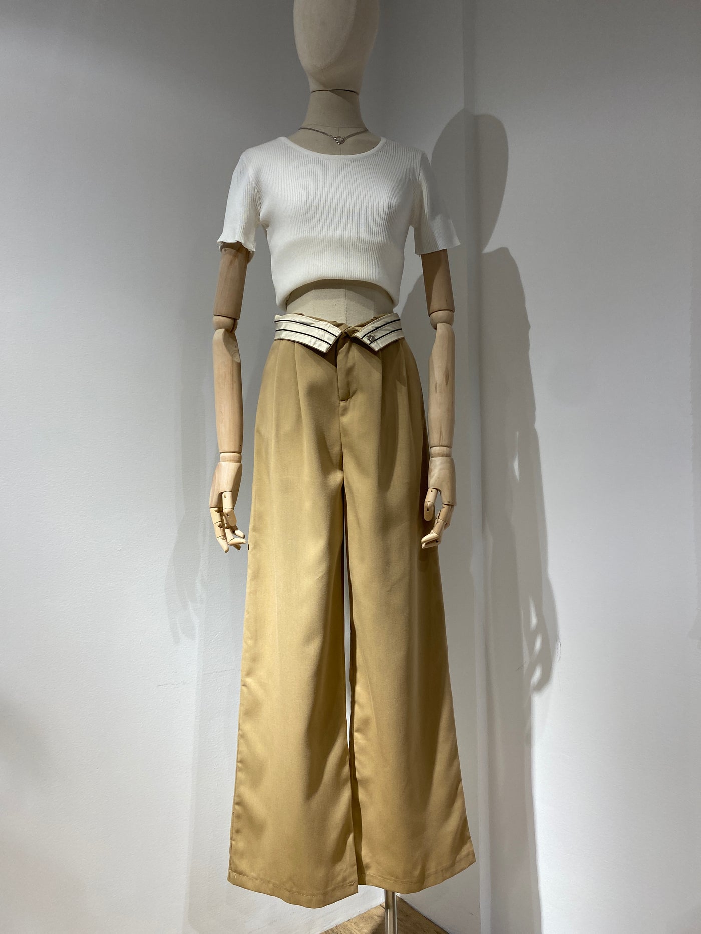 Fold Over Waistband Wide Leg Trousers - Khaki