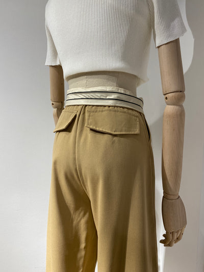 Fold Over Waistband Wide Leg Trousers - Khaki