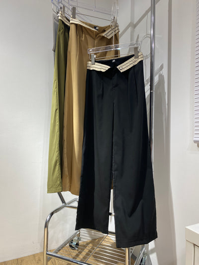 Fold Over Waistband Wide Leg Trousers - Khaki