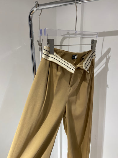 Fold Over Waistband Wide Leg Trousers - Khaki