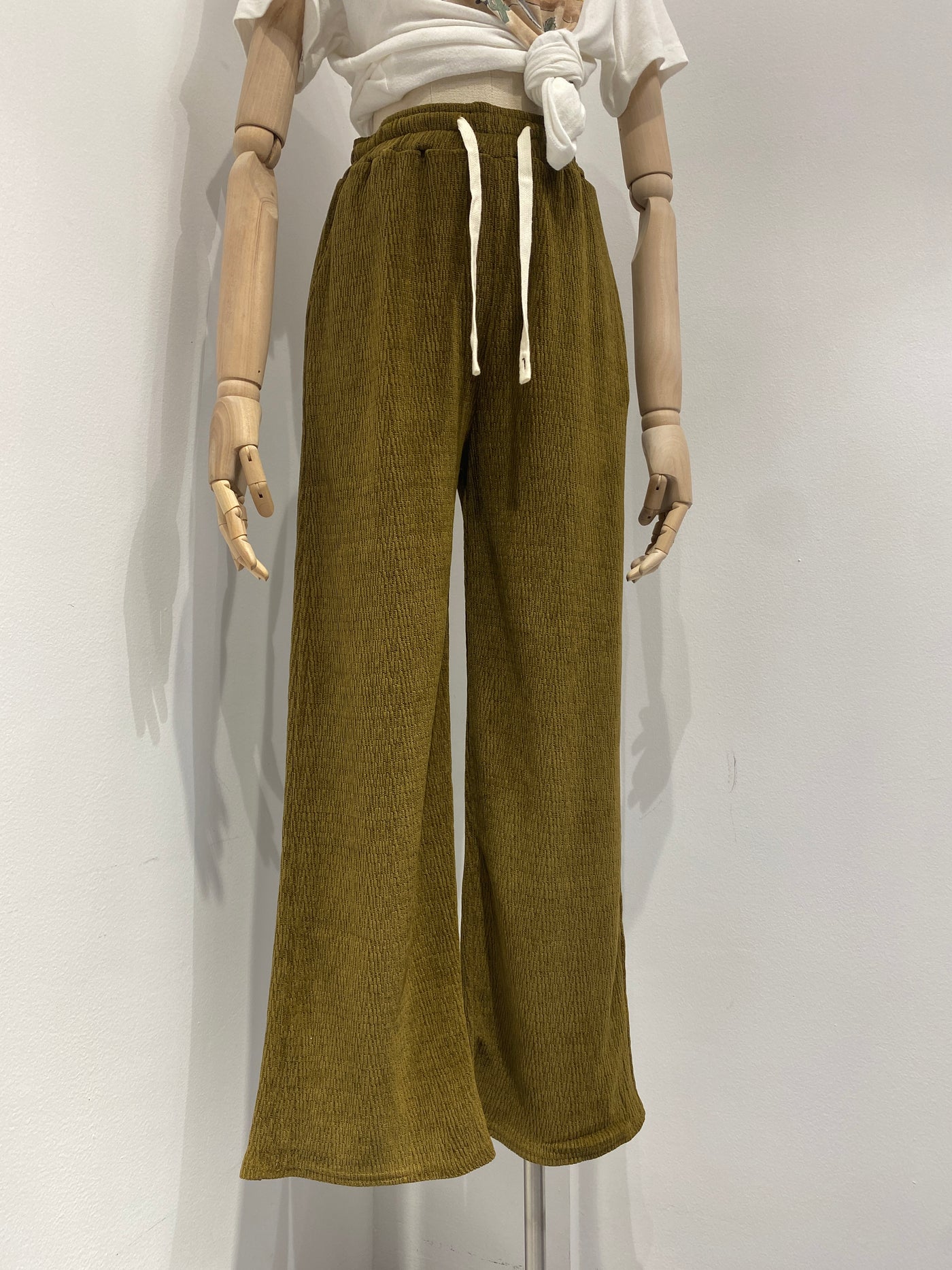 Textured Wide Leg Trousers - Moss