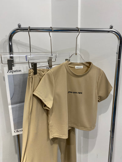 'You Are Rare' Crop Top and Wide Leg Sweatpants Co-ord Set - Taupe