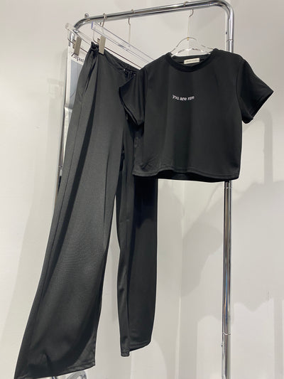 'You Are Rare' Crop Top and Wide Leg Sweatpants Co-ord Set - Black