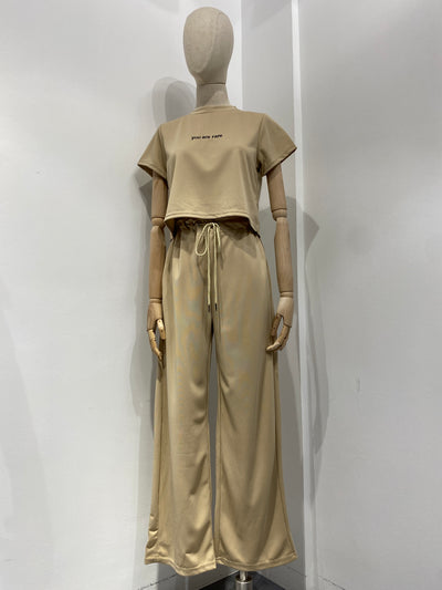 'You Are Rare' Crop Top and Wide Leg Sweatpants Co-ord Set - Taupe