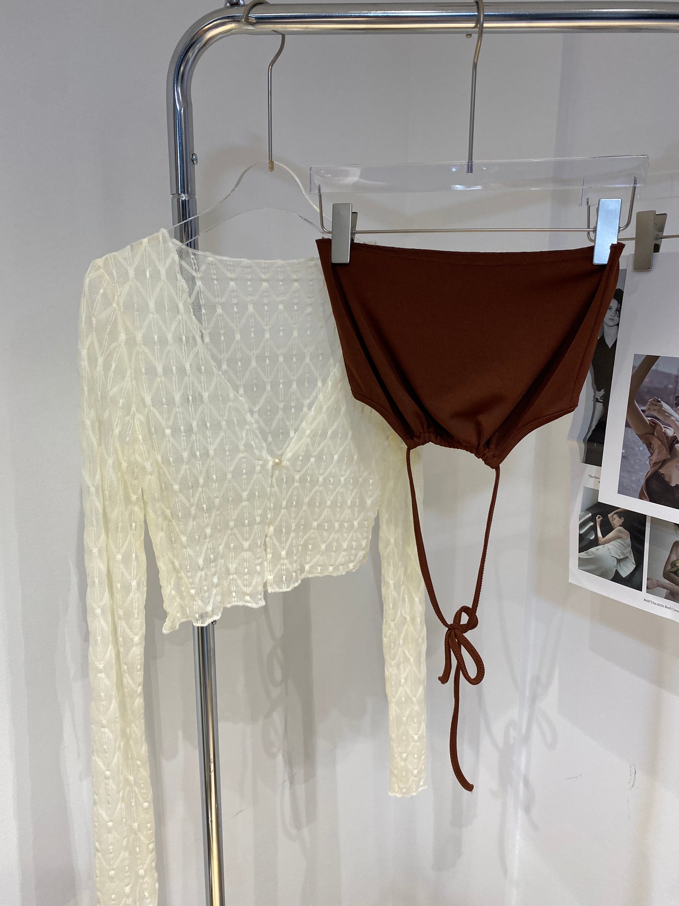 Lace Cardigan and Halter Crop Top Set - Cream