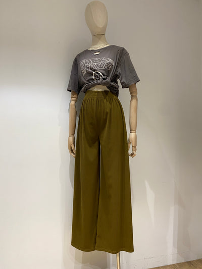 Ribbed Wide Leg Trousers - Moss