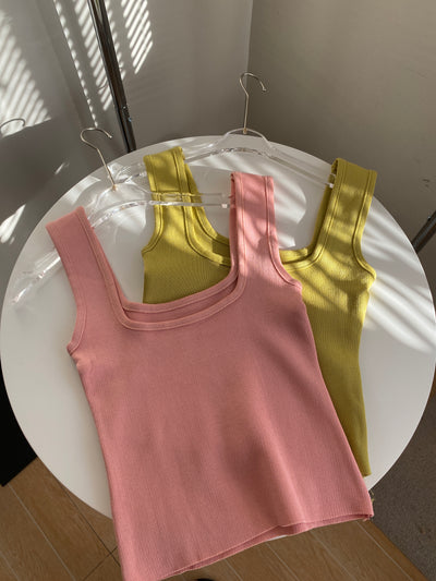 Square Neck Knit Tank Top - Blush