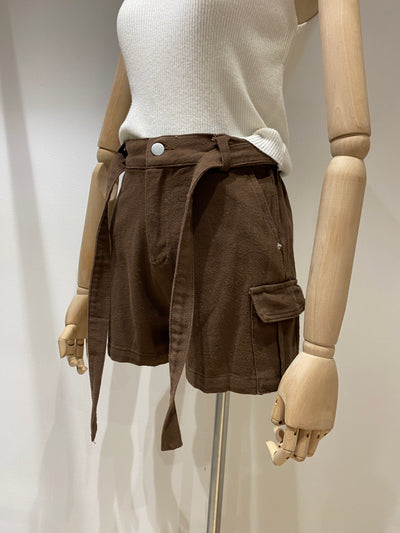 Belted Denim Cargo Shorts - Chocolate