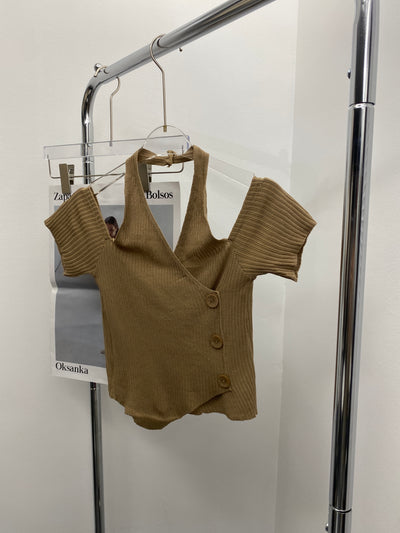 Halter Ribbed Knit Crop Top - Peanut