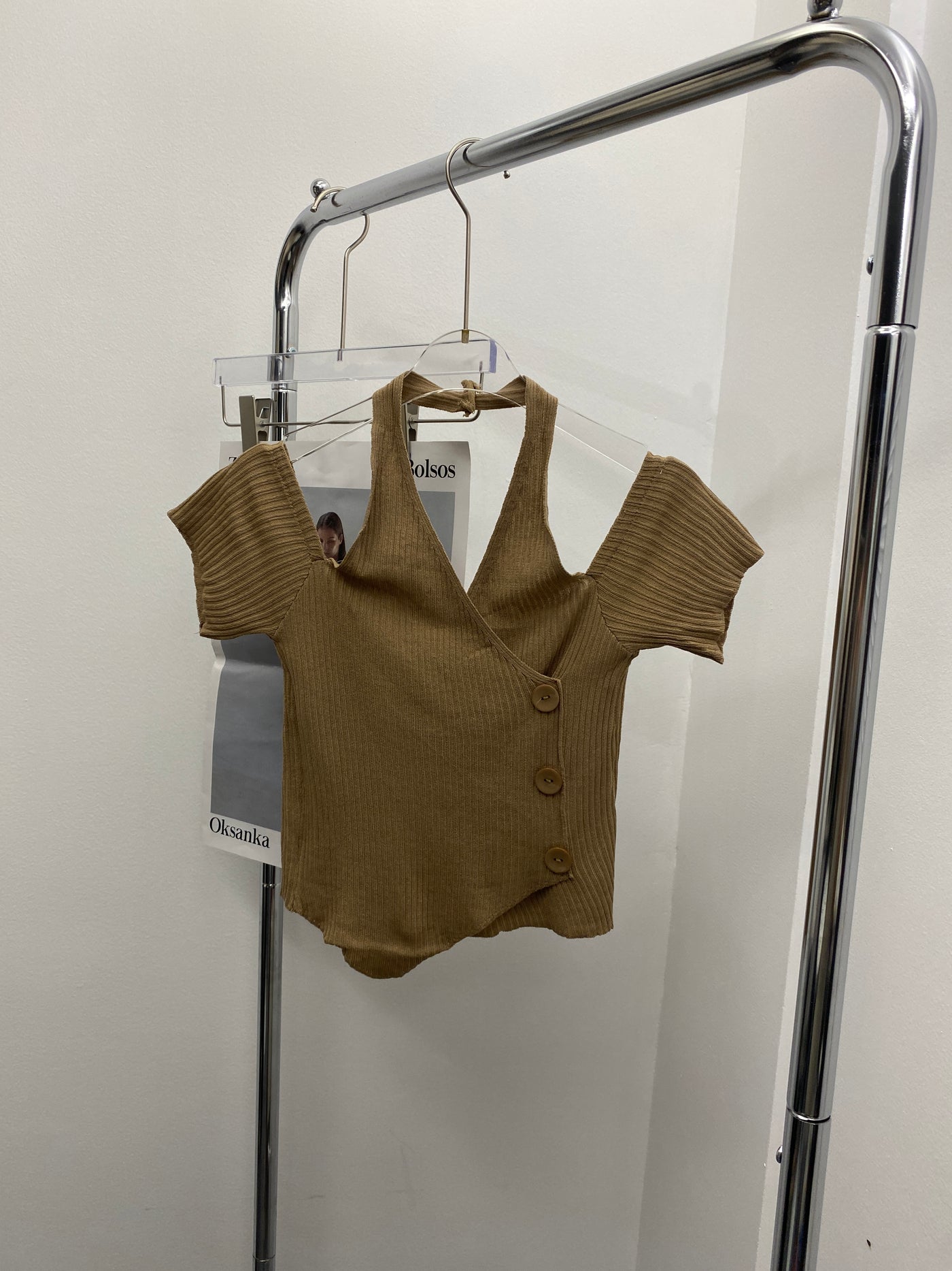Halter Ribbed Knit Crop Top - Peanut