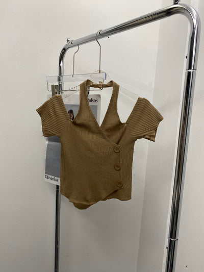 Halter Ribbed Knit Crop Top - Peanut