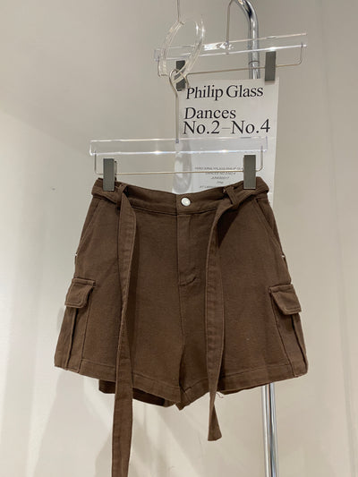 Belted Denim Cargo Shorts - Chocolate