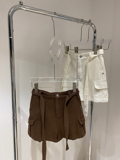 Belted Denim Cargo Shorts - Chocolate