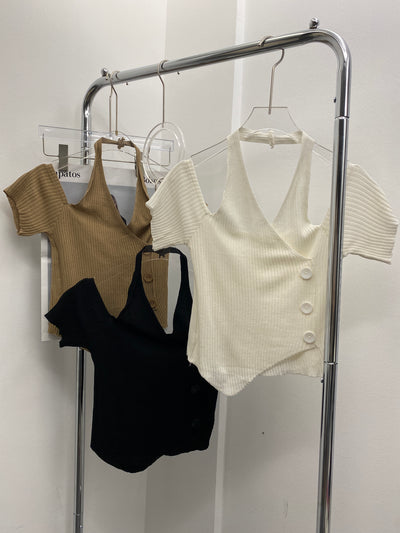 Halter Ribbed Knit Crop Top - Peanut