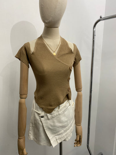 Halter Ribbed Knit Crop Top - Peanut