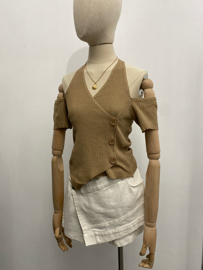 Halter Ribbed Knit Crop Top - Peanut