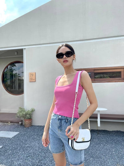 Square Neck Knit Tank Top - Blush