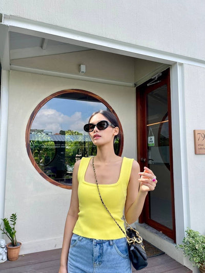 Square Neck Knit Tank Top - Lemon