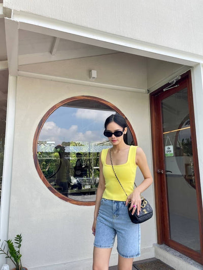 Square Neck Knit Tank Top - Lemon