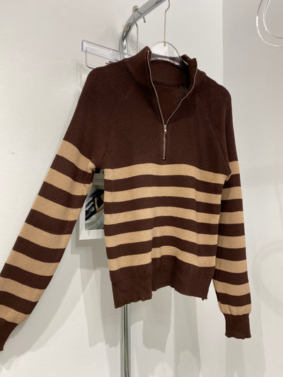 Half-Zip Striped Sweatshirt - Chocolate