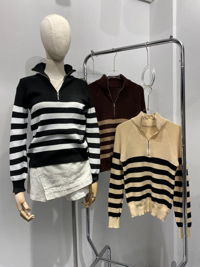 Half-Zip Striped Sweatshirt - Chocolate