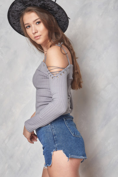 Pull Some Strings Off The Shoulder Top - Gray