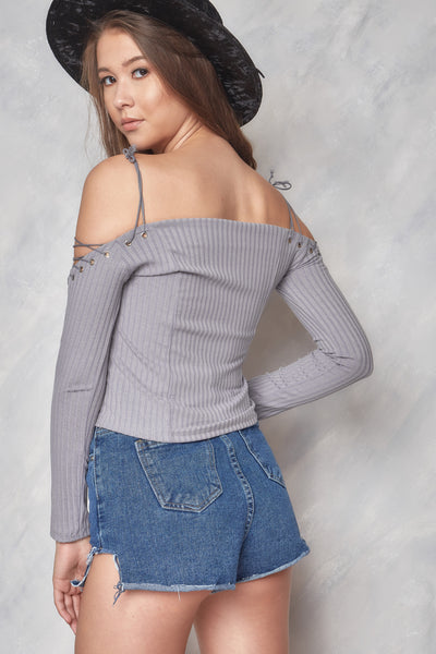 Pull Some Strings Off The Shoulder Top - Gray