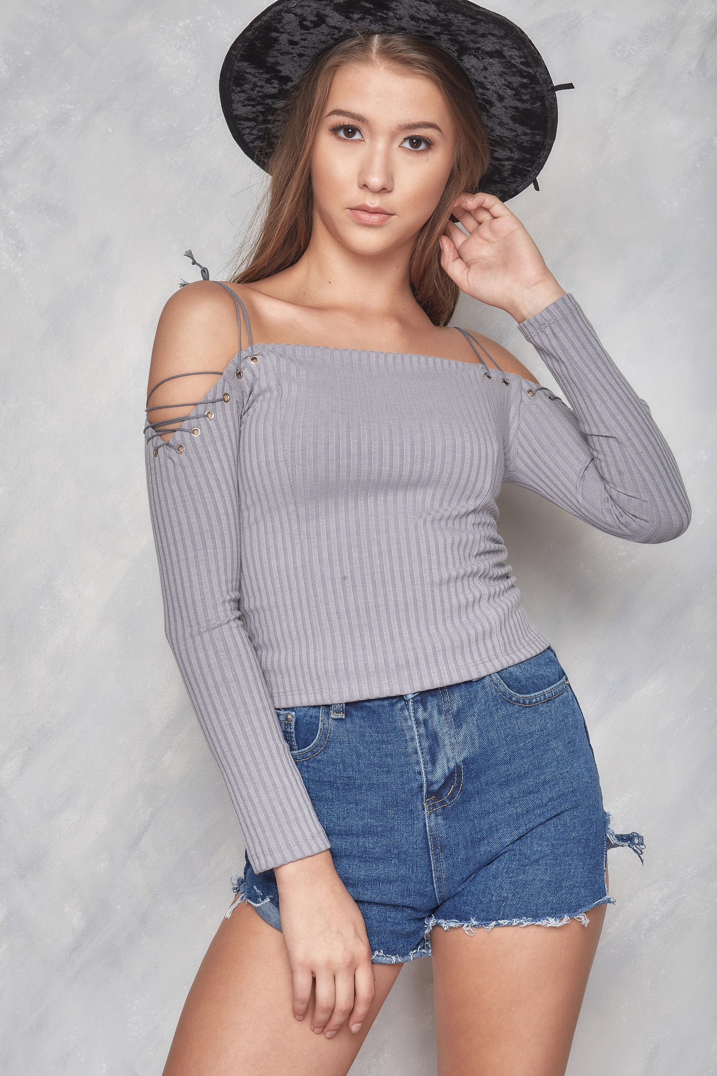 Pull Some Strings Off The Shoulder Top - Gray