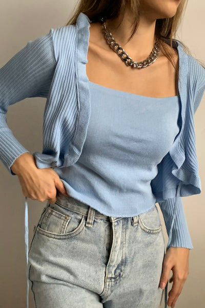 All My Love Ruffle Trim Layered Cardigan - Powder Blue