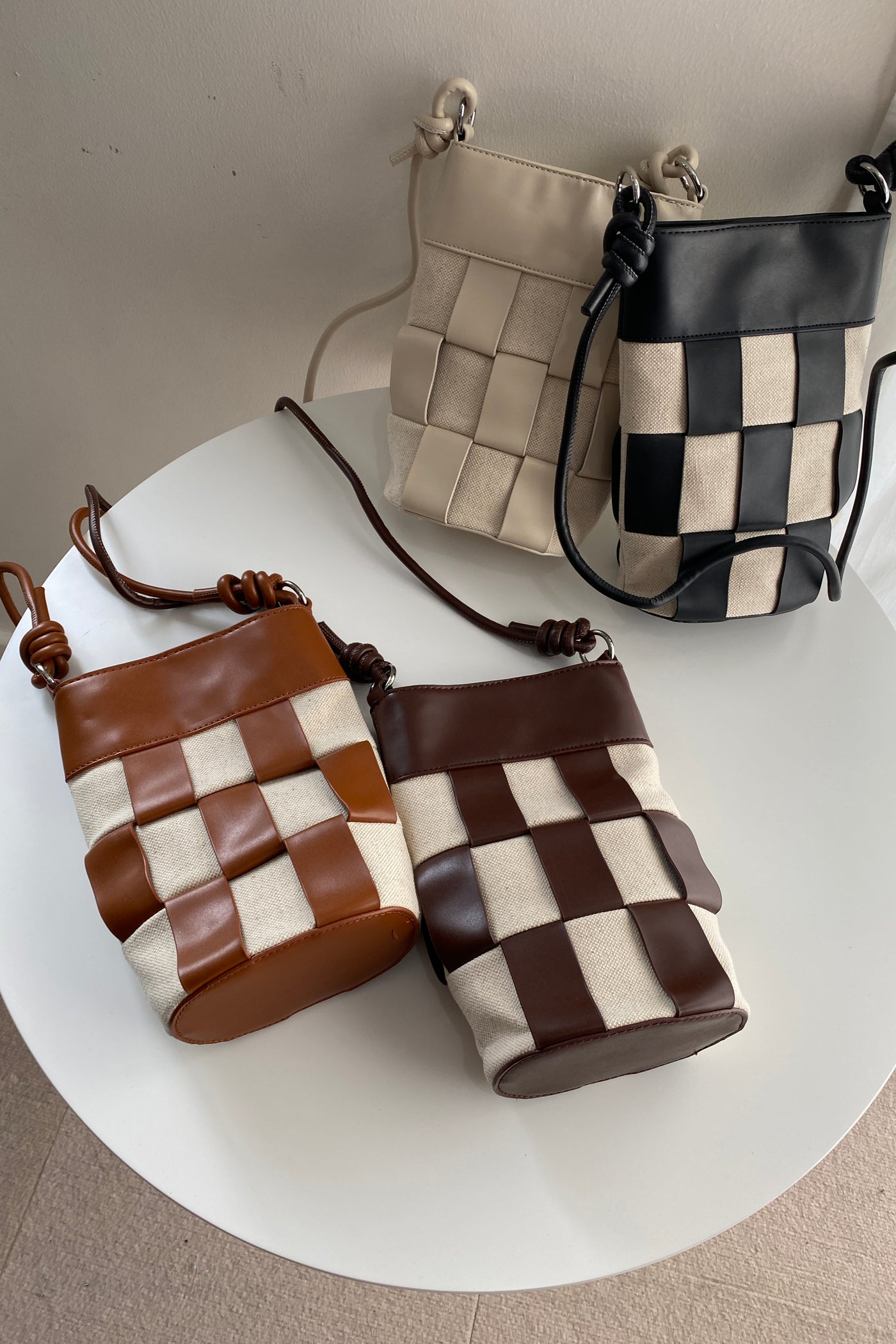 Square One Checkered Weave Sling Bag - Beige / Camel