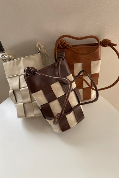 Square One Checkered Weave Sling Bag - Beige / Camel
