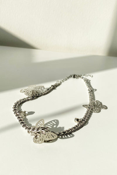 COPPER silver choker chain necklace with butterfly charms