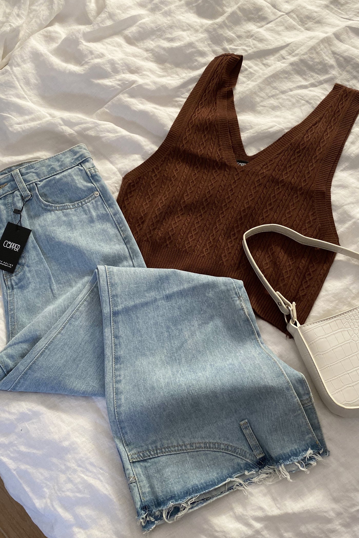 COPPER Knitted cable knit pattern vest in cocoa brown