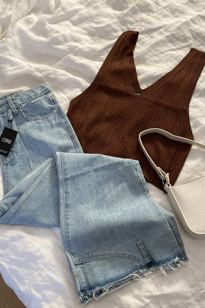 COPPER Knitted cable knit pattern vest in cocoa brown