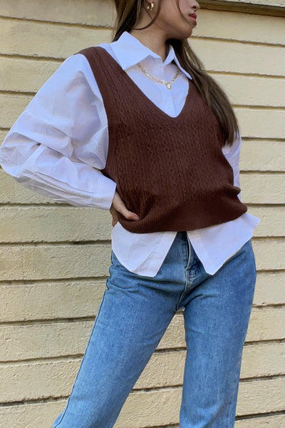 COPPER Knitted cable knit pattern vest in cocoa brown