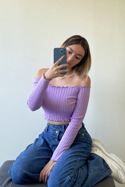 Crush On You Basic Ribbed Bardot Top -  Wisteria