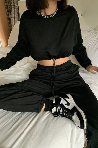 [EVERYDAY] Daily Basis Draw Cord Cropped Sweatshirt - Carbon