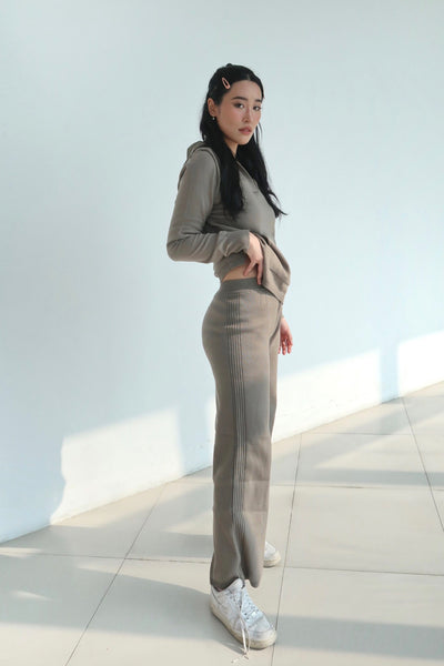 Get It Straight Knit Hoodie and Wide Leg Lounge Sweatpants Set  - Khaki Green
