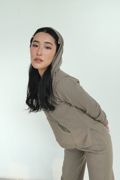 Get It Straight Knit Hoodie and Wide Leg Lounge Sweatpants Set  - Khaki Green