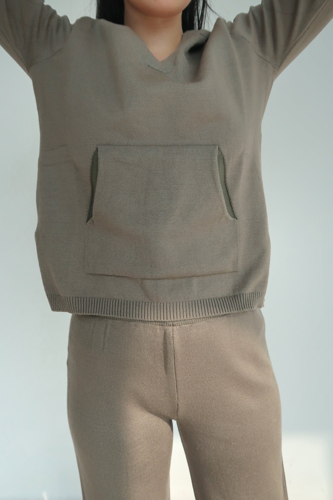 Get It Straight Knit Hoodie and Wide Leg Lounge Sweatpants Set  - Khaki Green